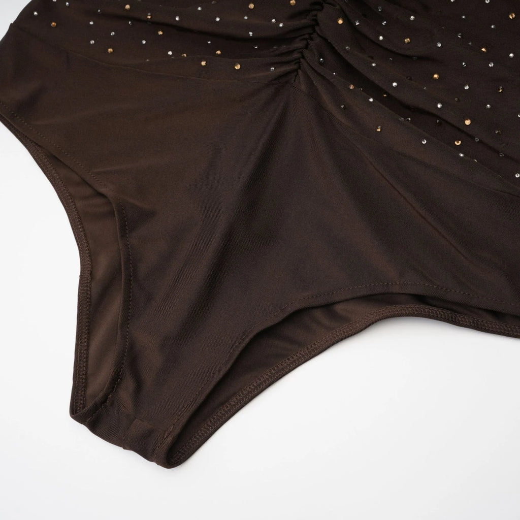Lavinia Bodysuit Brown Crystal Embellished Detachable Sleeves