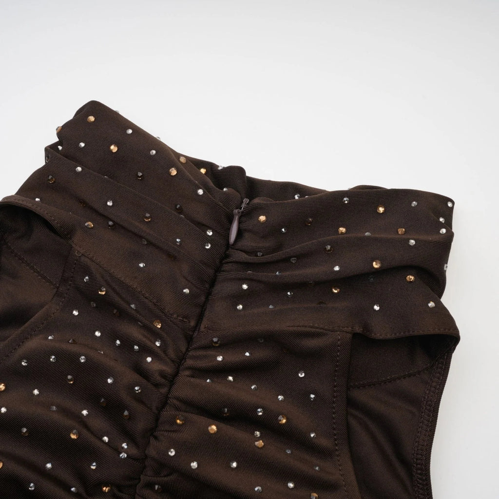 Lavinia Bodysuit Brown Crystal Embellished Detachable Sleeves