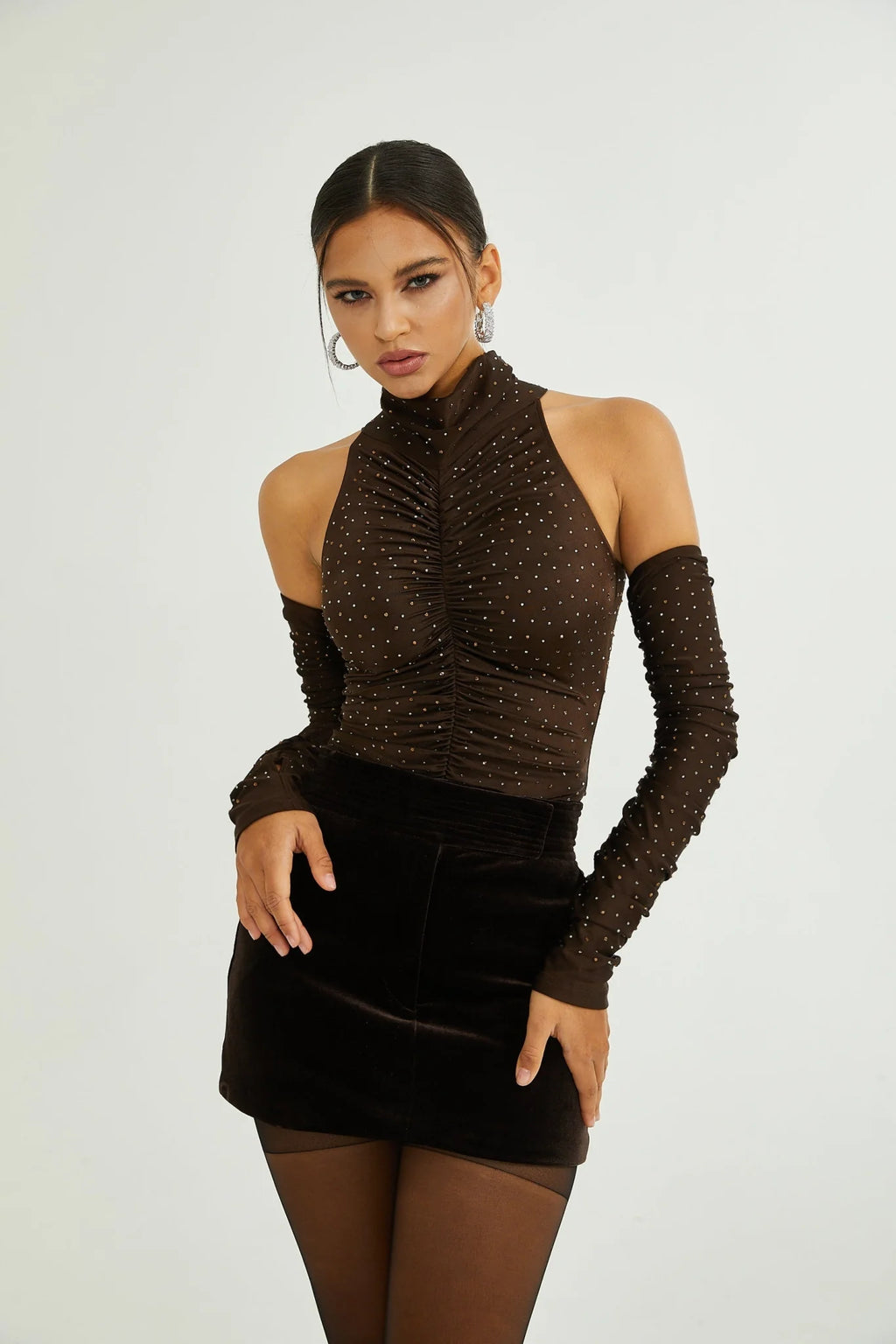 Lavinia Bodysuit Brown Crystal Embellished Detachable Sleeves