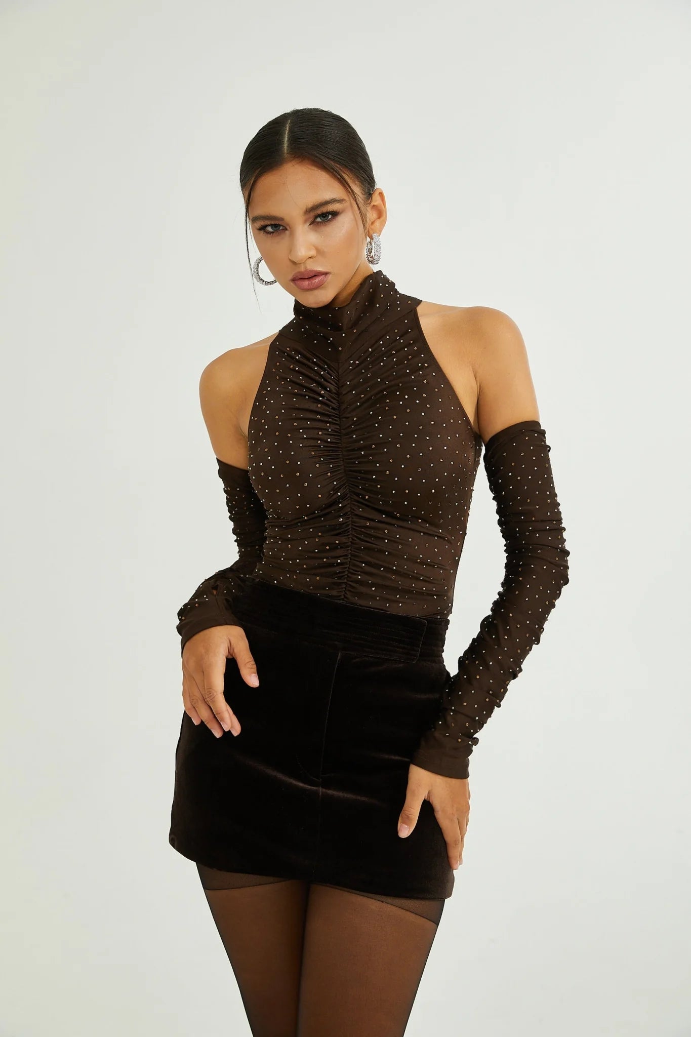 Lavinia Bodysuit Brown Crystal Embellished Detachable Sleeves
