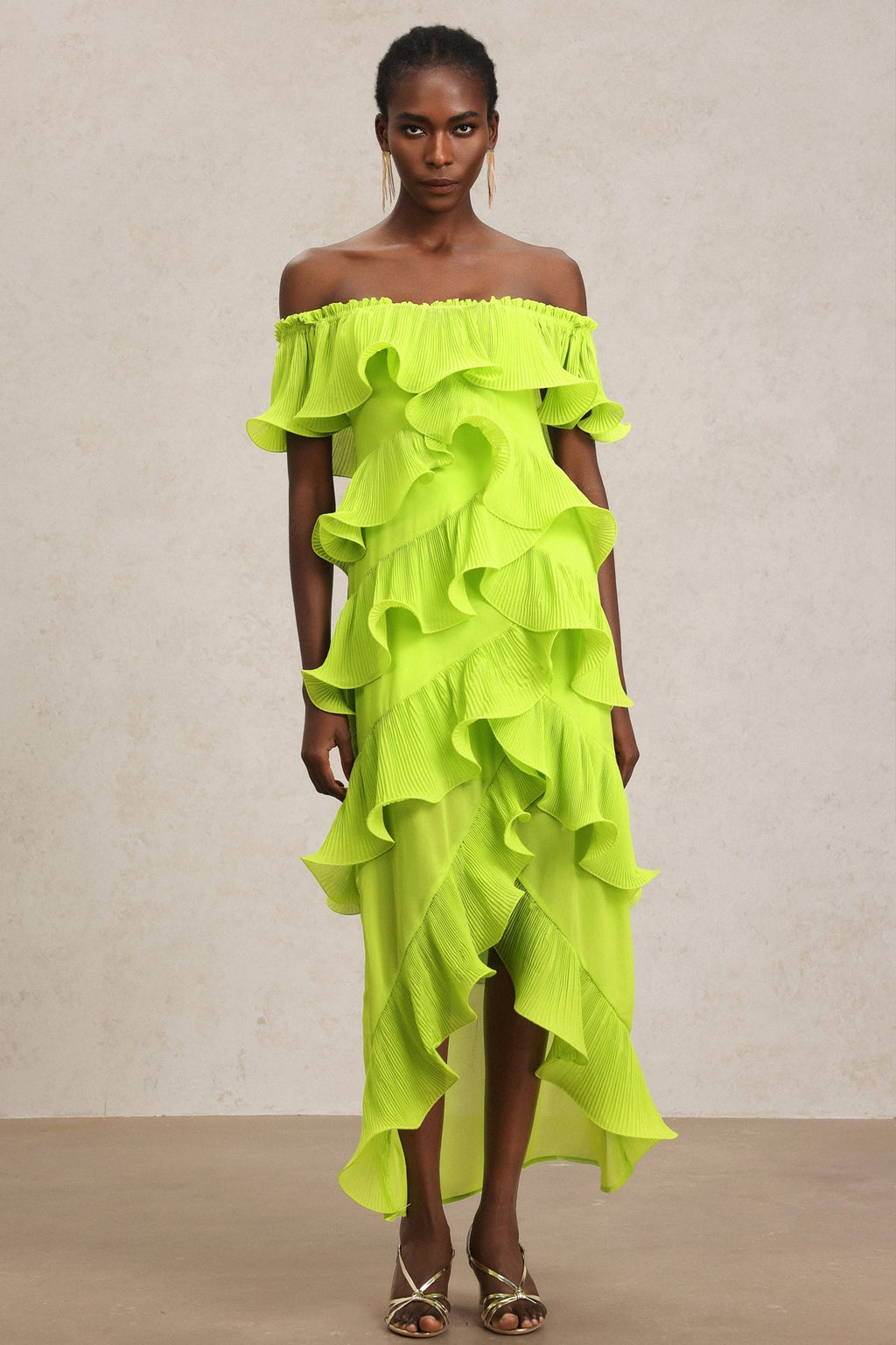 Lavinia Yellow Maxi Dress with Off-the-Shoulder Neckline and Asymmetrical Ruffles for Summer Parties or Formal Occasions