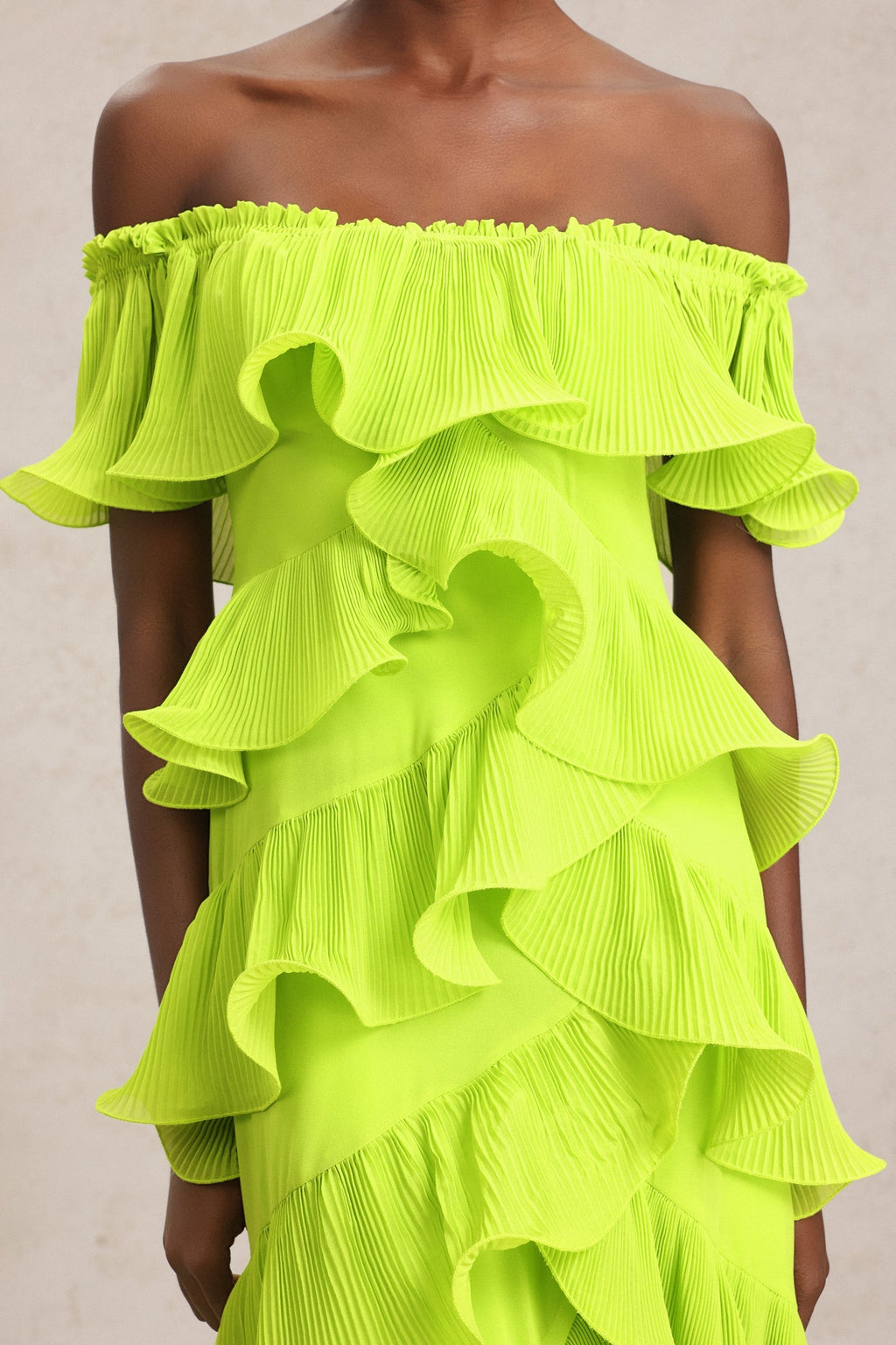 Lavinia Yellow Maxi Dress with Off-the-Shoulder Neckline and Asymmetrical Ruffles for Summer Parties or Formal Occasions