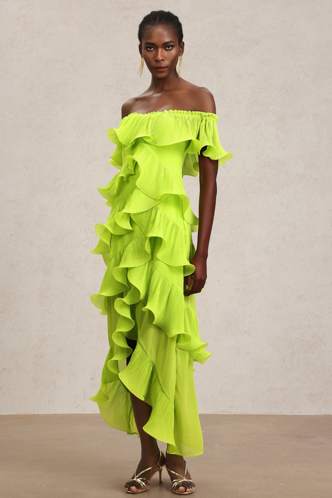 Lavinia Yellow Maxi Dress with Off-the-Shoulder Neckline and Asymmetrical Ruffles for Summer Parties or Formal Occasions