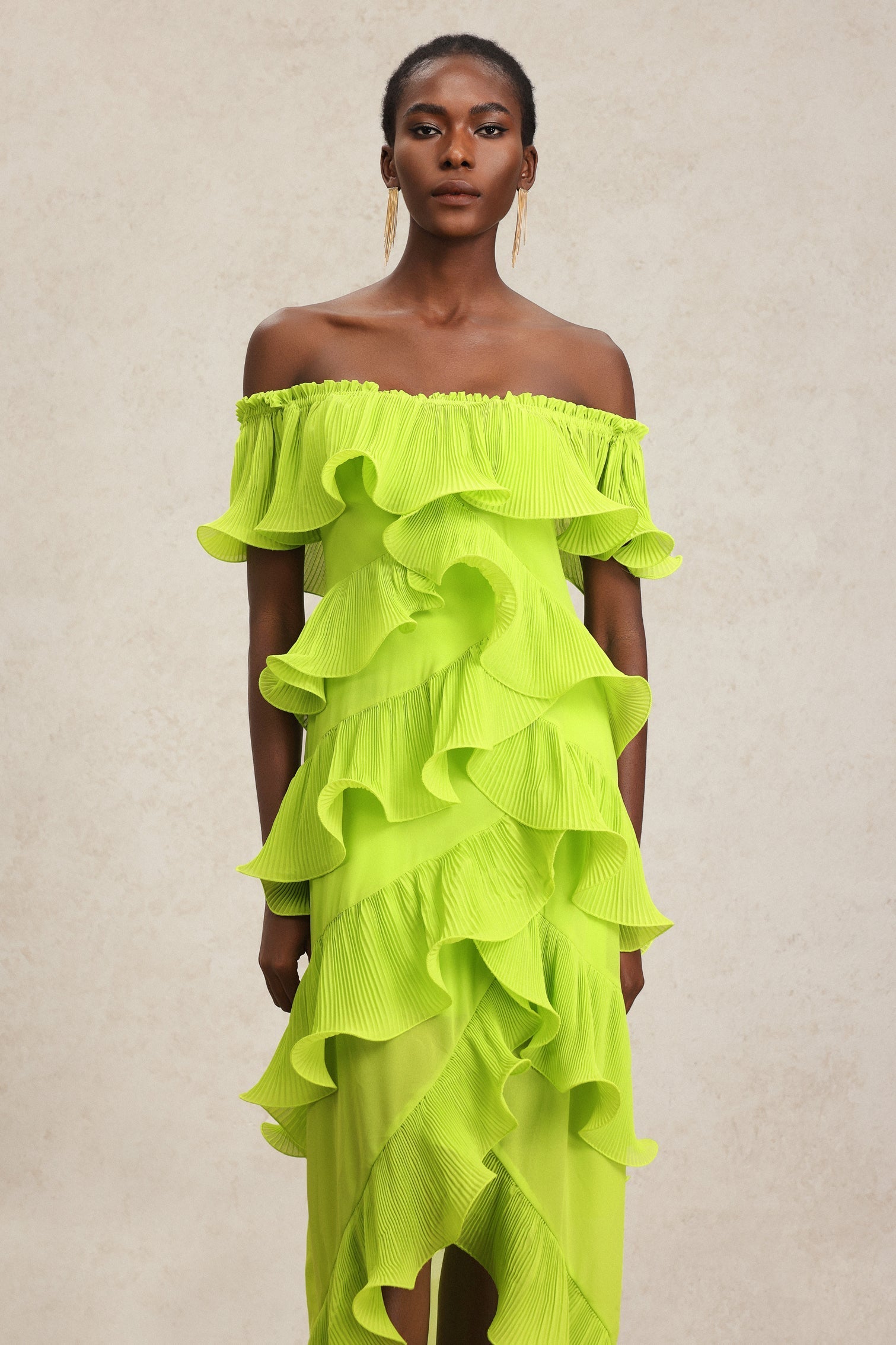 Lavinia Yellow Maxi Dress with Off-the-Shoulder Neckline and Asymmetrical Ruffles for Summer Parties or Formal Occasions