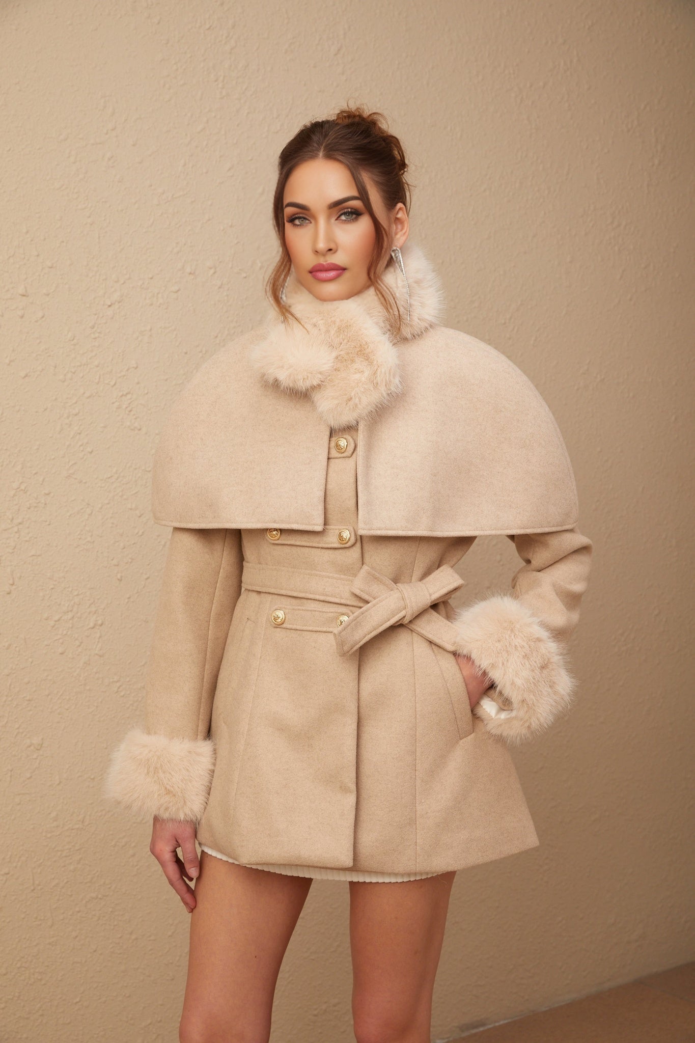 Layla Coat – Detachable - Cape Design – Faux - Fur Detailing – Self - Tie Design