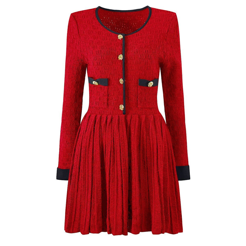 Layla Dress - Flared Skirt With Fitted Bodice - Vintage - Inspired Design - Tailored Waist - Textured Fabric - Gold Button Detailing