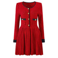 Layla Dress - Flared Skirt With Fitted Bodice - Vintage - Inspired Design - Tailored Waist - Textured Fabric - Gold Button Detailing