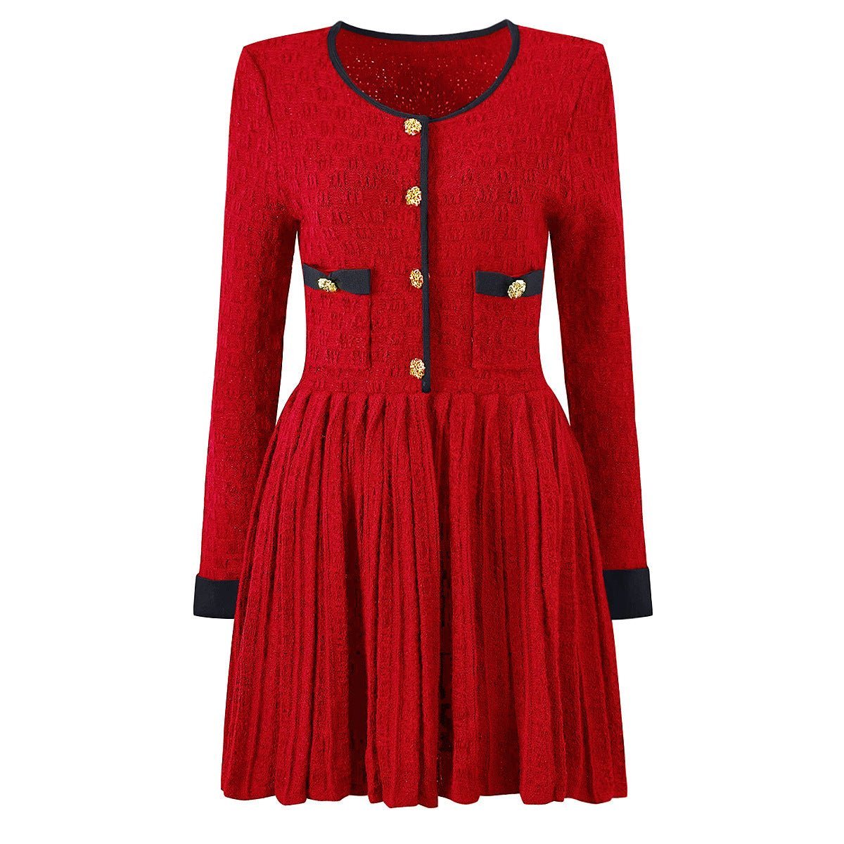 Layla Dress - Flared Skirt With Fitted Bodice - Vintage - Inspired Design - Tailored Waist - Textured Fabric - Gold Button Detailing