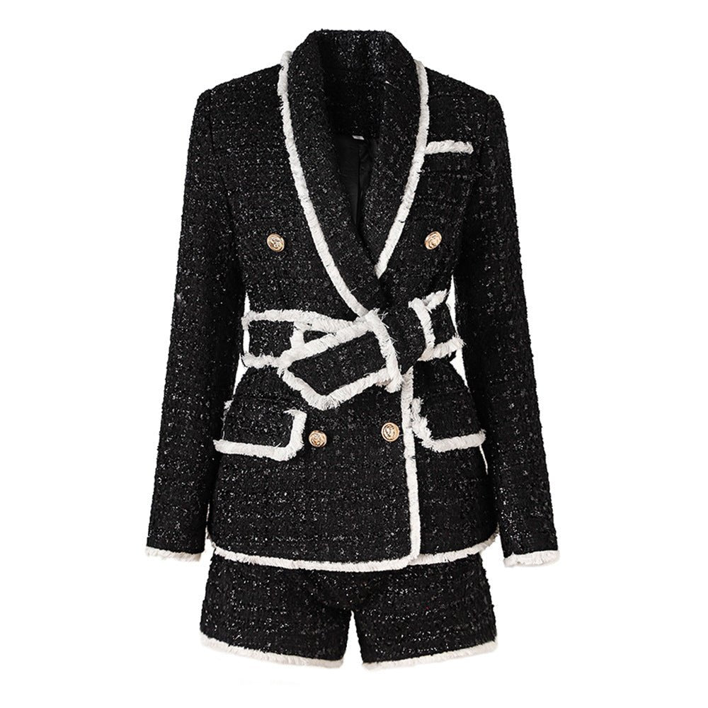 Leah Blazer & Shorts Set - Tailored Suiting - Double - Breasted Design - Structured Fit - Chic Tweed Fabric - Tone Details