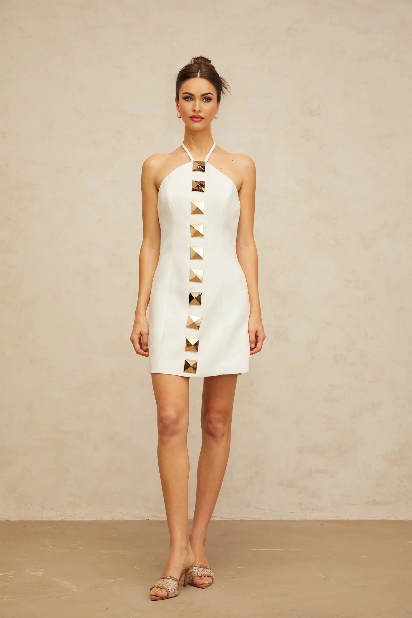 Leah Mini Dress White & Gold Halter - neck A - line Thigh - Length