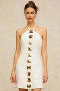 Leah Mini Dress White & Gold Halter - neck A - line Thigh - Length