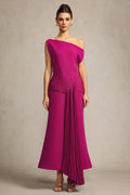 Leilani Magenta Asymmetrical Neckline Midi Dress with Folded Waist Detail