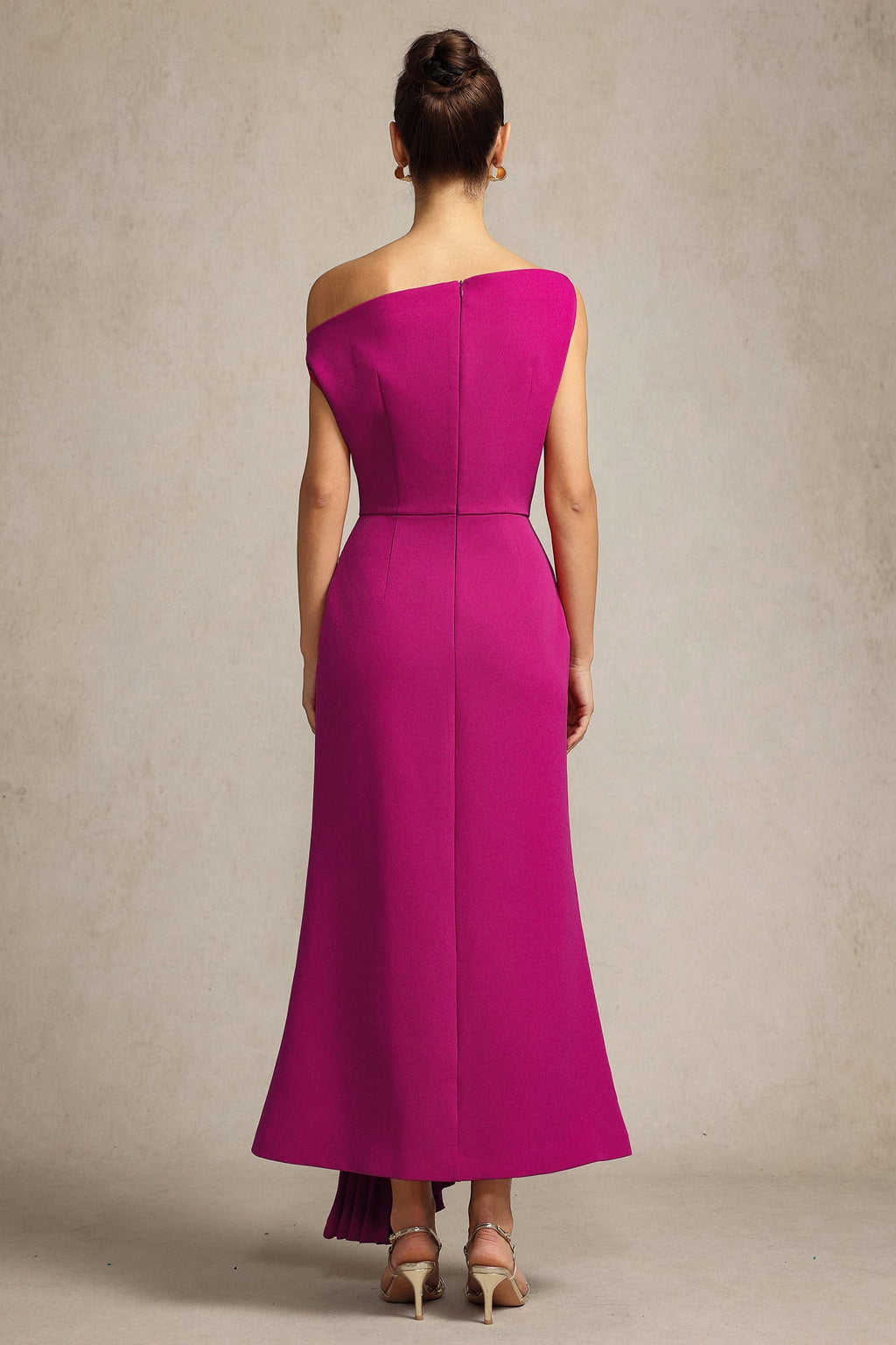 Leilani Magenta Asymmetrical Neckline Sleeveless Midi Dress with Waist Detailing