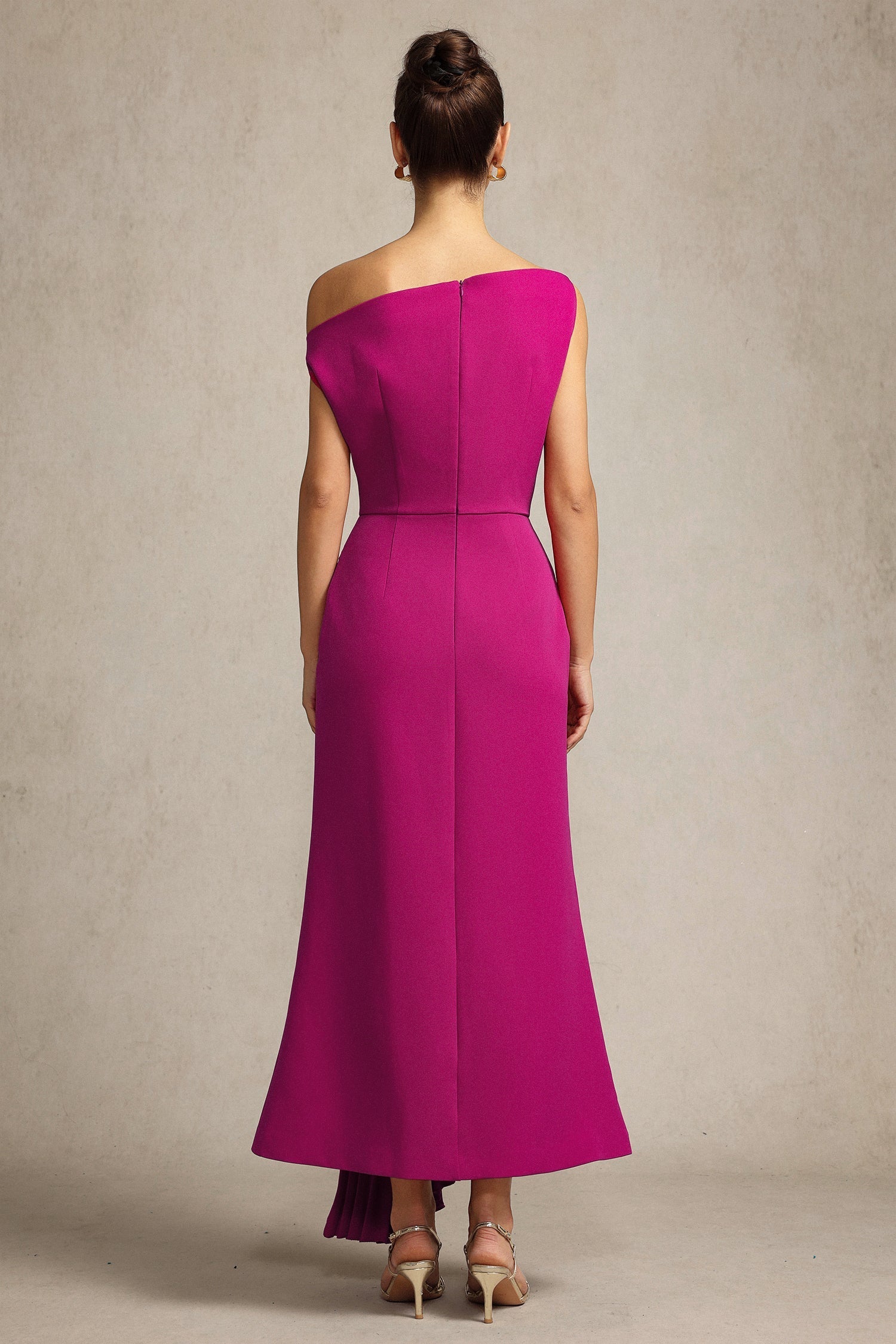 Leilani Magenta Asymmetrical Neckline Sleeveless Midi Dress with Waist Detailing