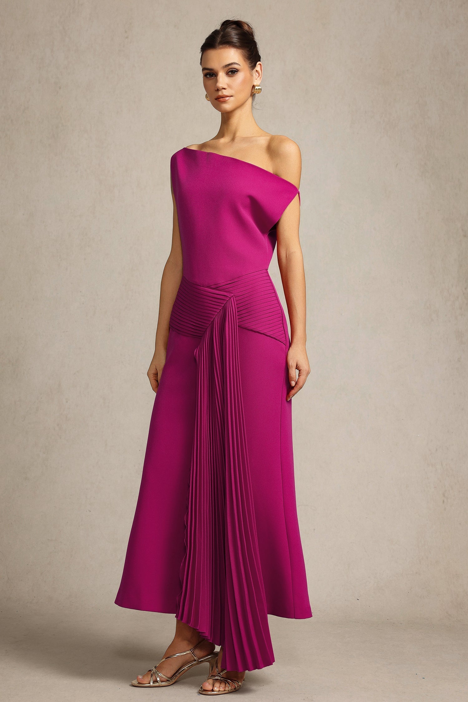 Leilani Magenta Midi Dress Asymmetrical Neckline Elegant Formal Evening Wear