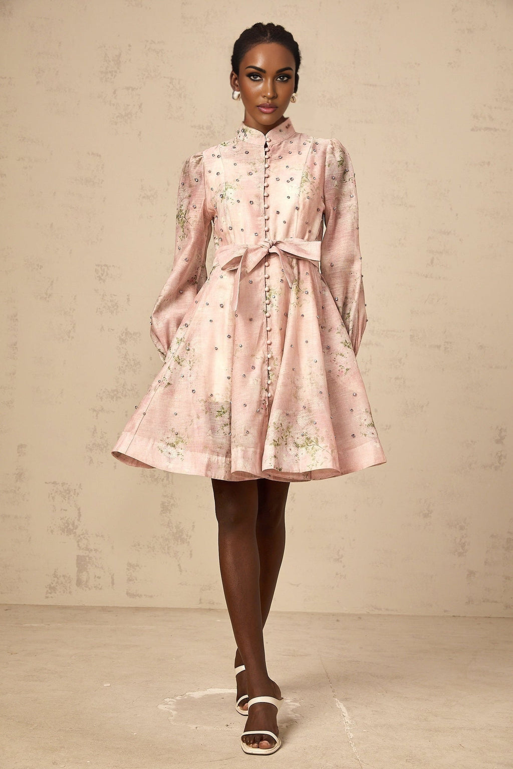 Leilani Mini Dress Pink Floral Crystal Embellished