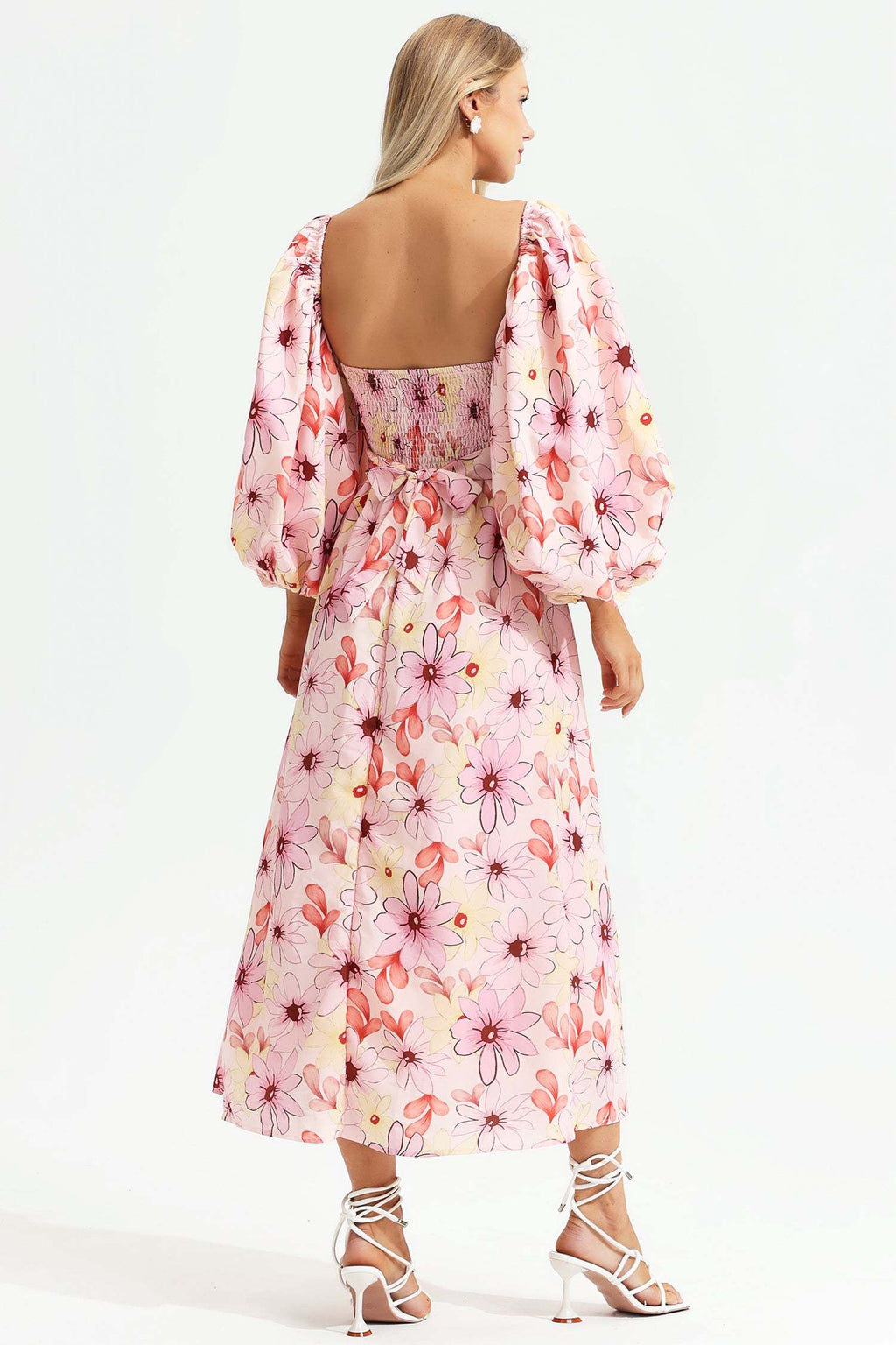 Leilani Pink Floral Maxi Dress Square Collar Backless Puff Sleeves Ruched Bodice