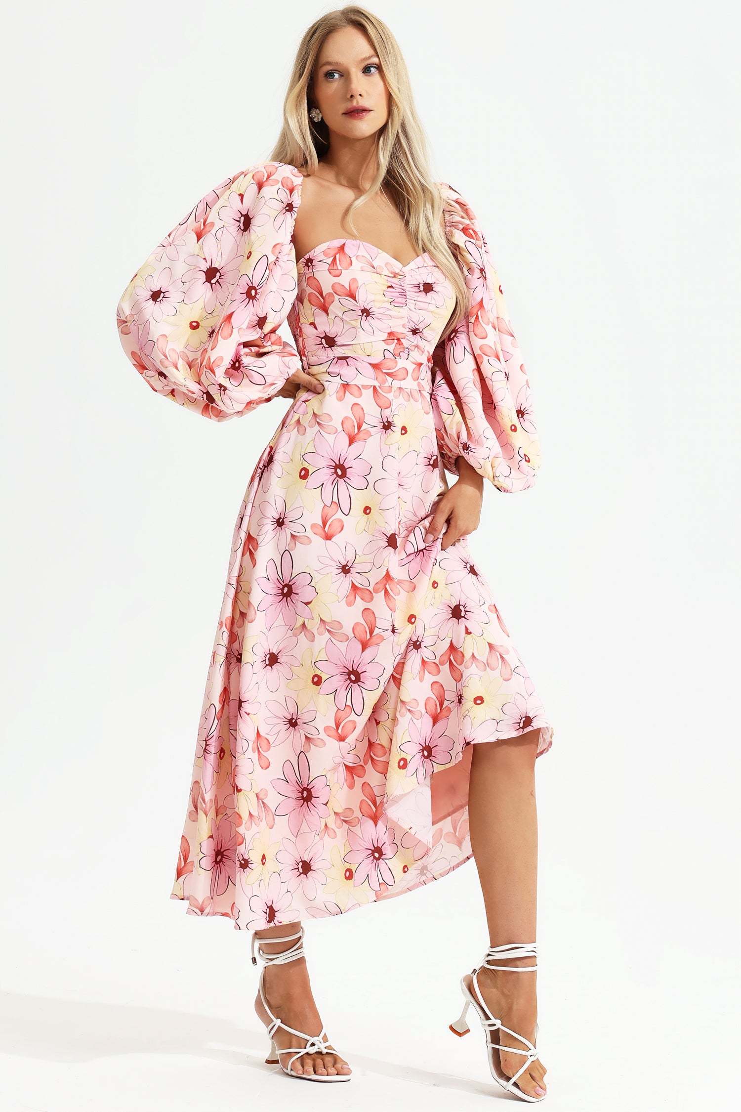 Leilani Pink Floral Maxi Dress Square Collar Backless Puff Sleeves Ruched Bodice