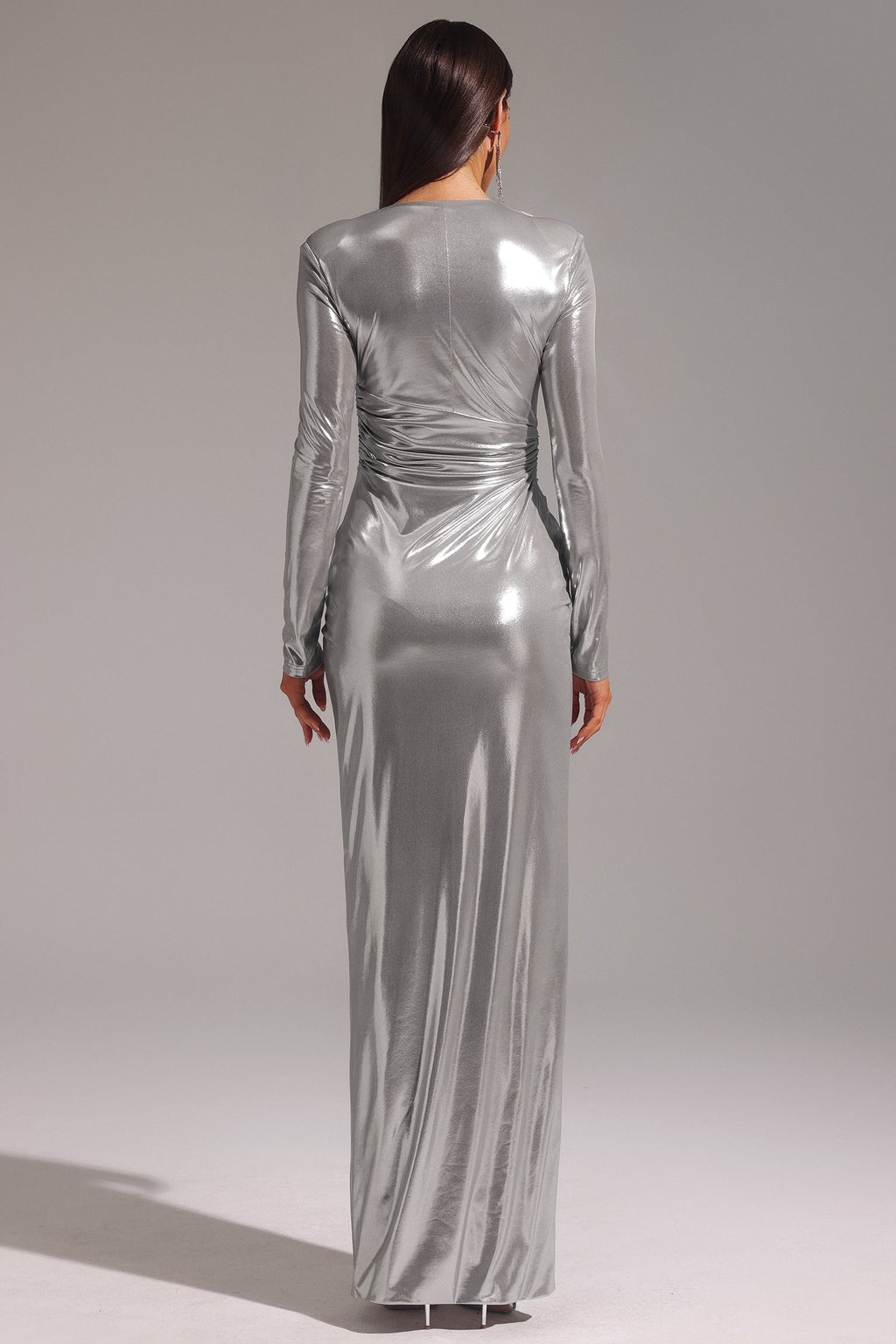 Leilani Silver Shirred V Neck Long Sleeve Side Slit Dress