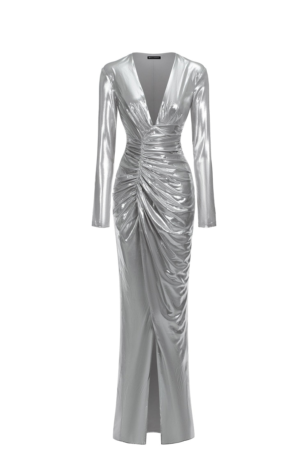 Leilani Silver Deep V Neckline Shirr Detailing Long Sleeve Side Slit Dress