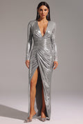 Leilani Silver Shirred V Neck Long Sleeve Dress with Side Slit