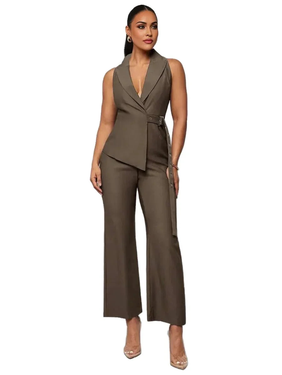Leona Jumpsuit - Refined Style - Regular Fit - Extra Long Length - Sleeveless - High Waist Waistline - Woven Fabric - Premium Quality