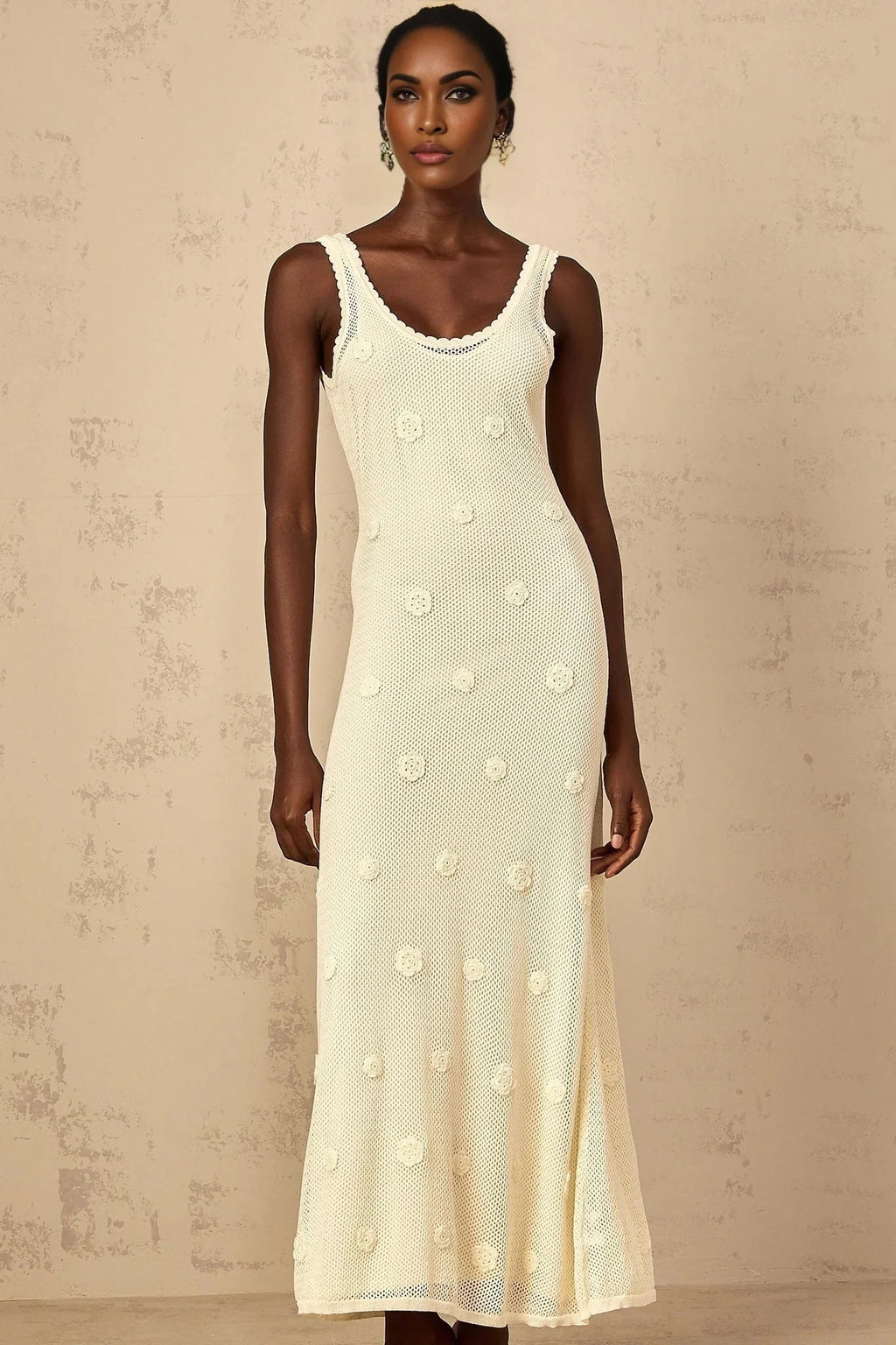 Leona Maxi Dress Floral Embroidered Crochet Knit & Tie - Back