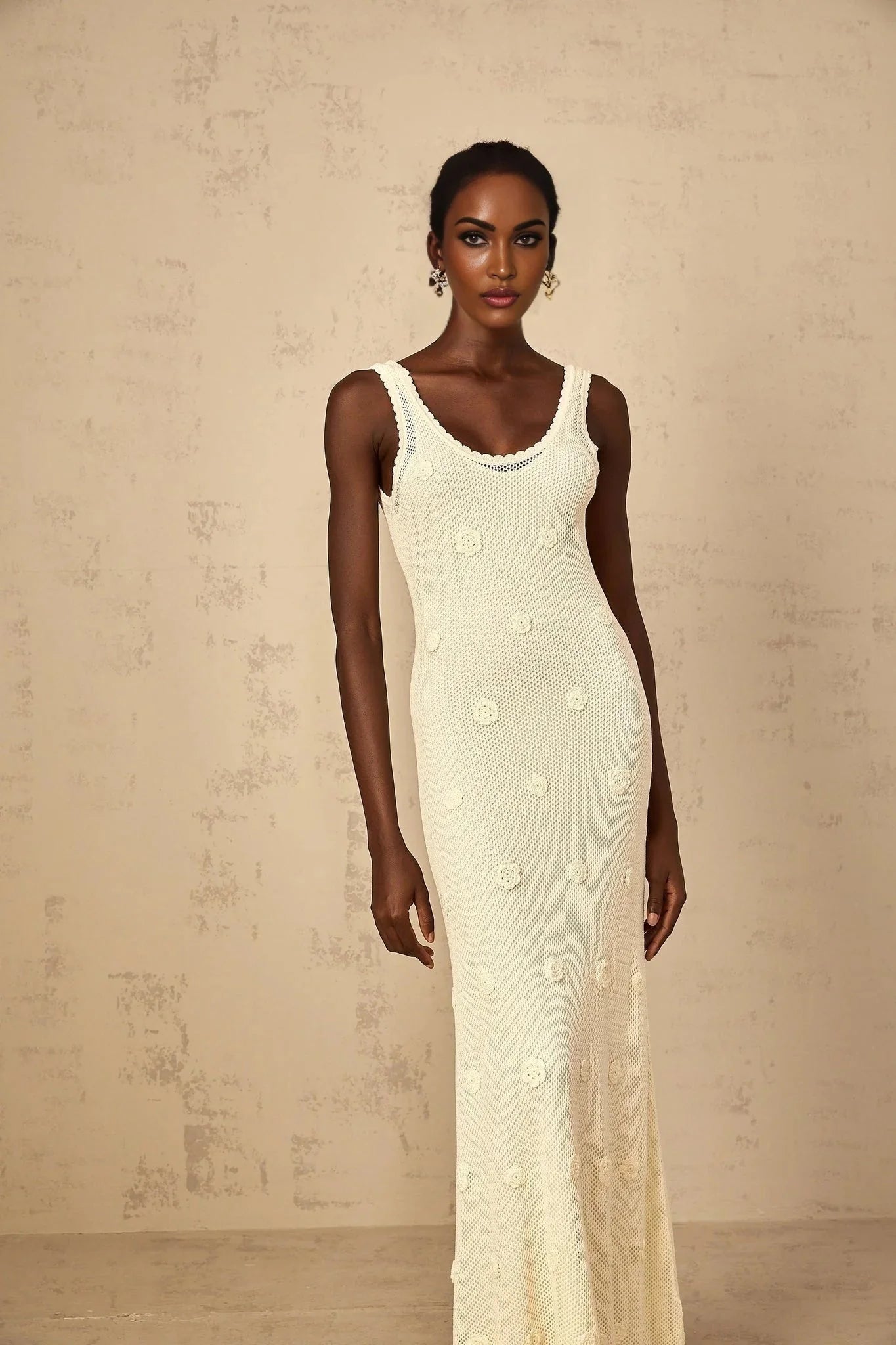 Leona Maxi Dress Floral Embroidered Crochet Knit & Tie - Back