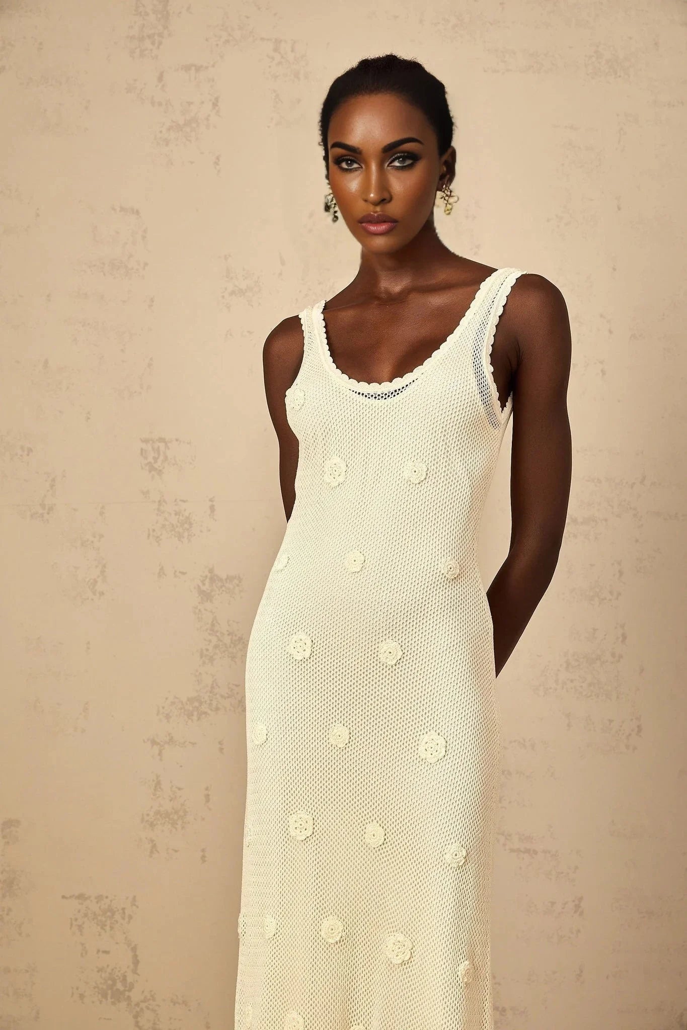 Leona Maxi Dress Floral Embroidered Crochet Knit & Tie - Back
