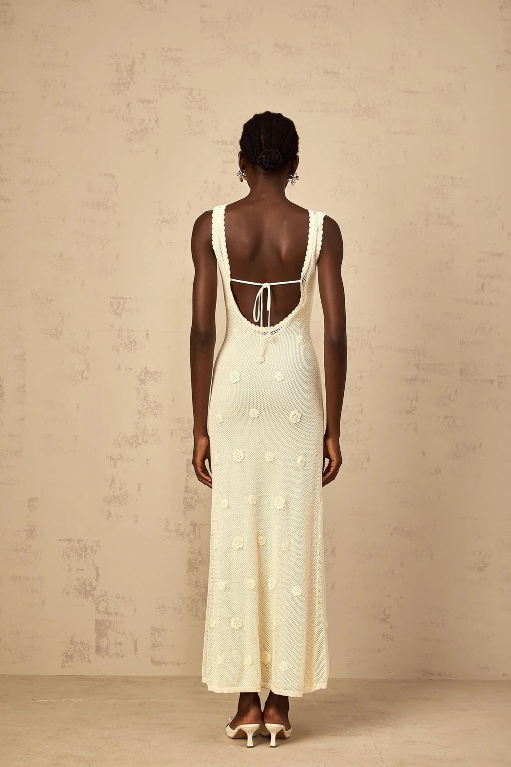 Leona Maxi Dress Floral Embroidered Crochet Knit & Tie - Back