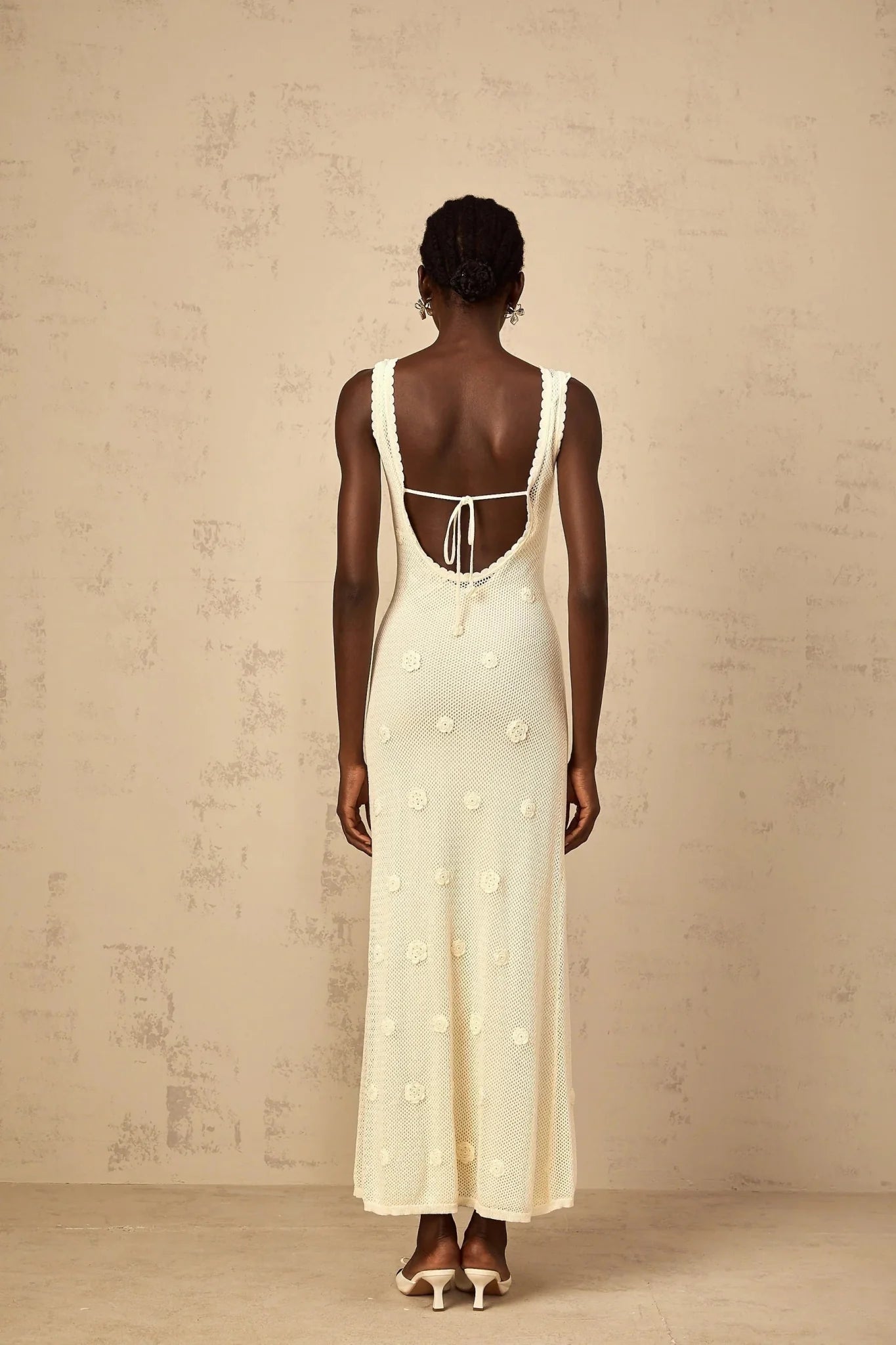 Leona Maxi Dress Floral Embroidered Crochet Knit & Tie - Back