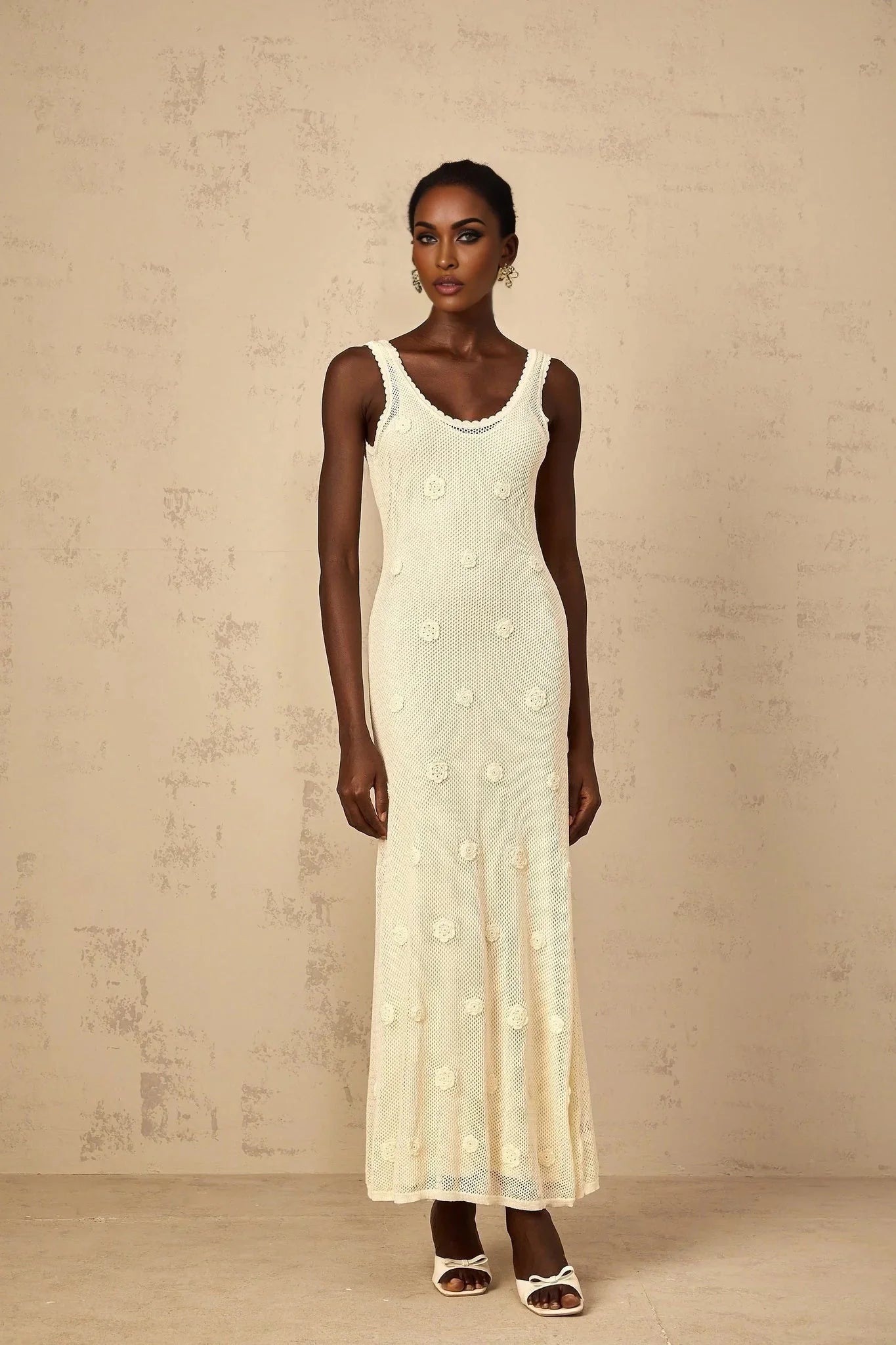 Leona Maxi Dress Floral Embroidered Crochet Knit & Tie - Back