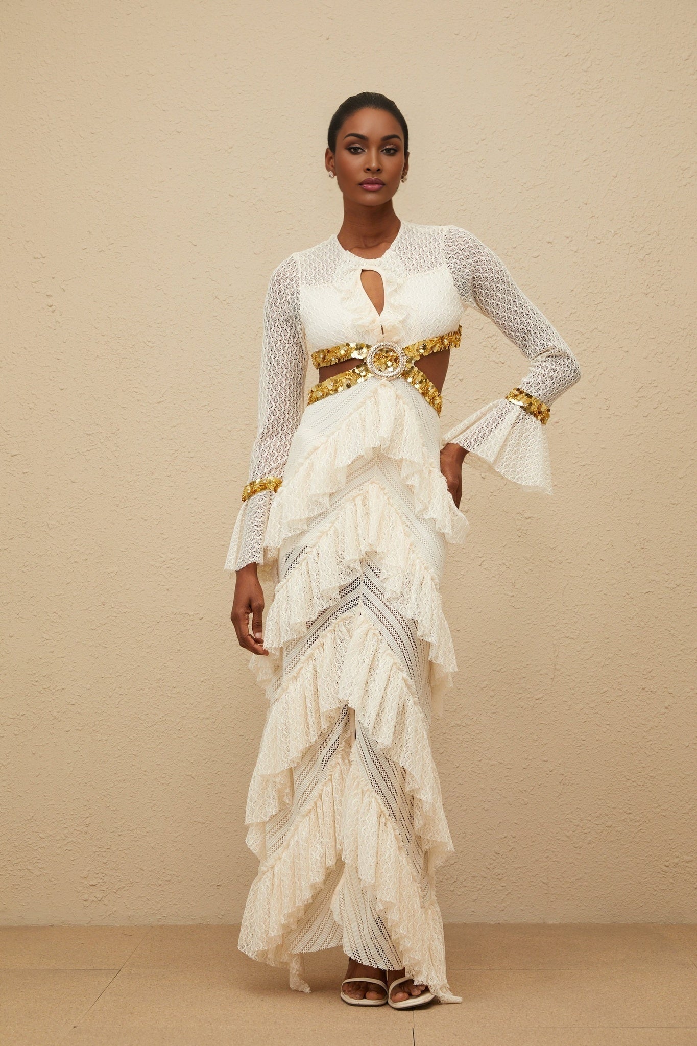 Leona Maxi Dress - Keyhole Neck - Lace Ruffles - Long Sleeves - Front Slit