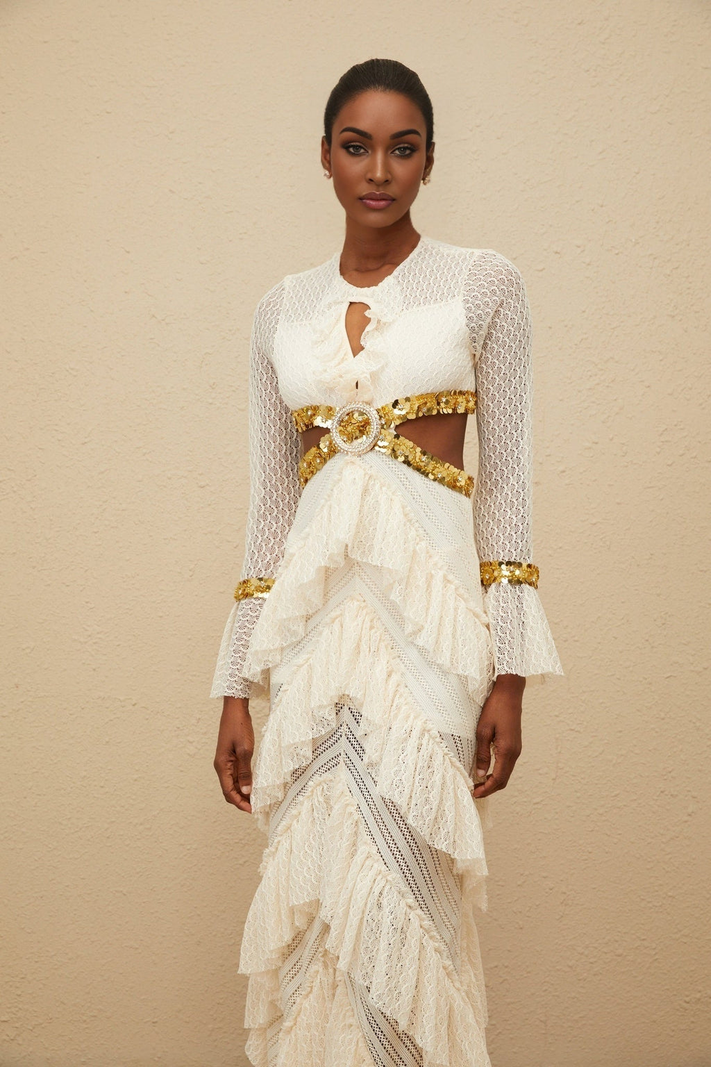 Leona Maxi Dress - Keyhole Neck - Lace Ruffles - Long Sleeves - Front Slit
