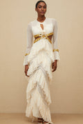 Leona Maxi Dress - Keyhole Neck - Lace Ruffles - Long Sleeves - Front Slit