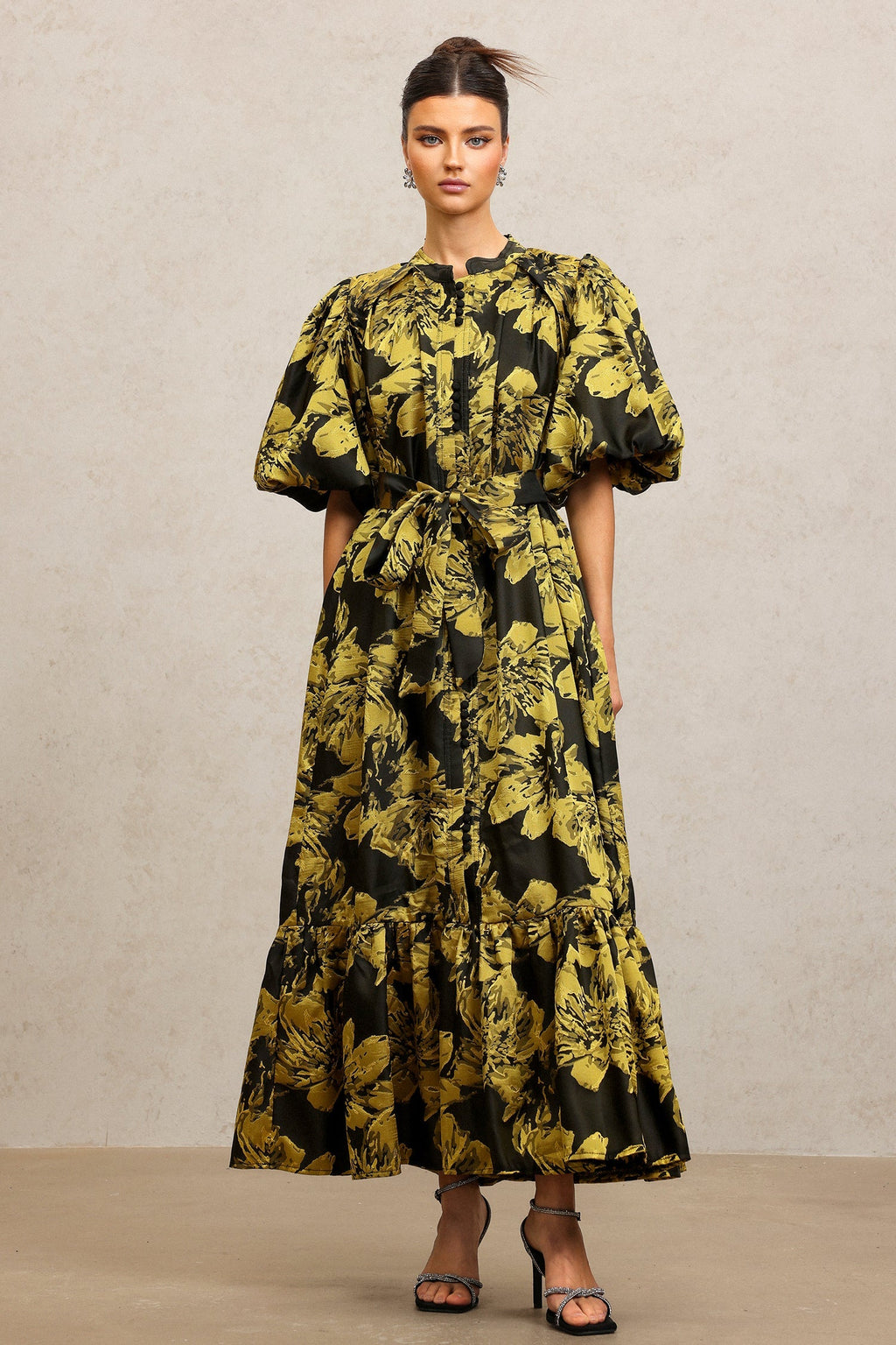 Leslie Black Floral Maxi Dress with Puff Sleeves and Tiered Skirt