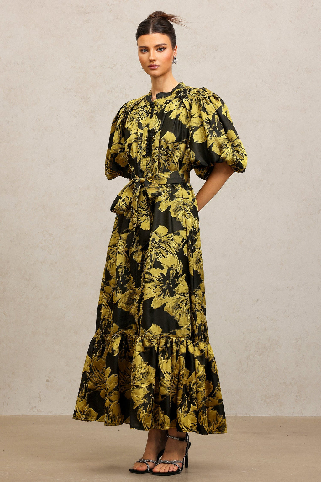 Leslie Black Floral Maxi Dress Puff Sleeve Cinched Waist Button Front Tiered Skirt Tie Belt Elegant Bold Special Occasion