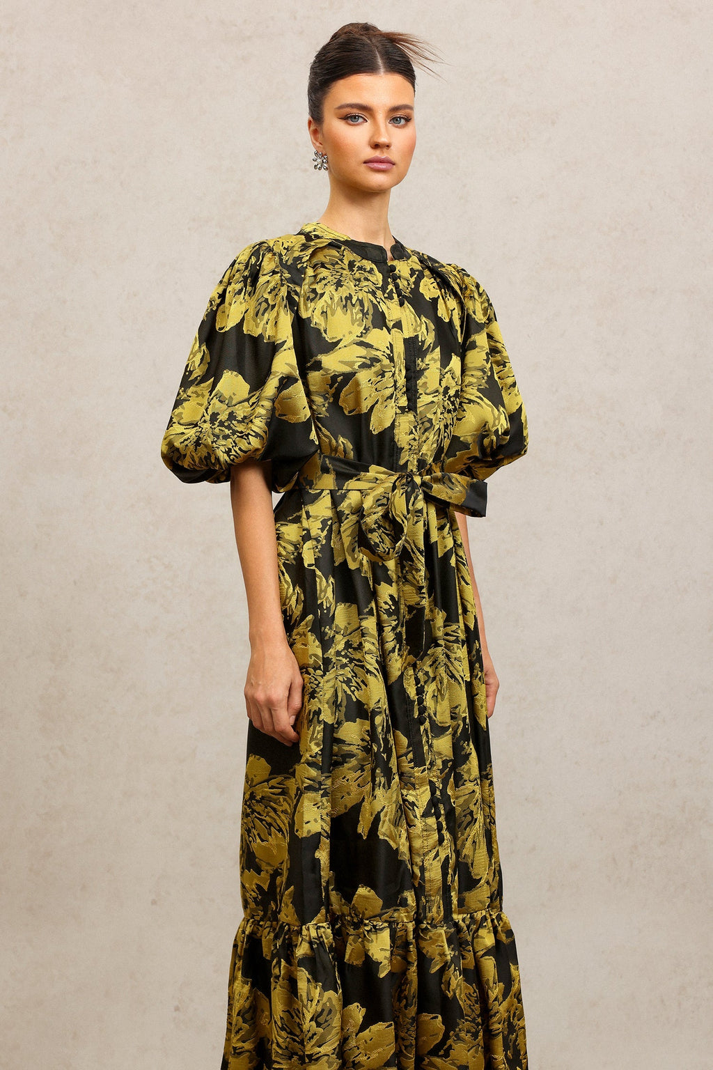 Leslie Black Floral Maxi Dress Puff Sleeves Button Front Tiered Skirt