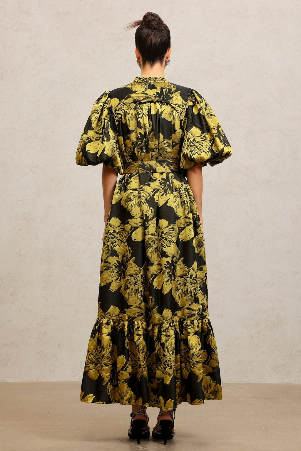 Leslie Black Floral Maxi Dress Puff Sleeves Cinched Waist Buttoned Front Tiered Skirt Tie Belt Elegant Bold Special Occasion Glamour