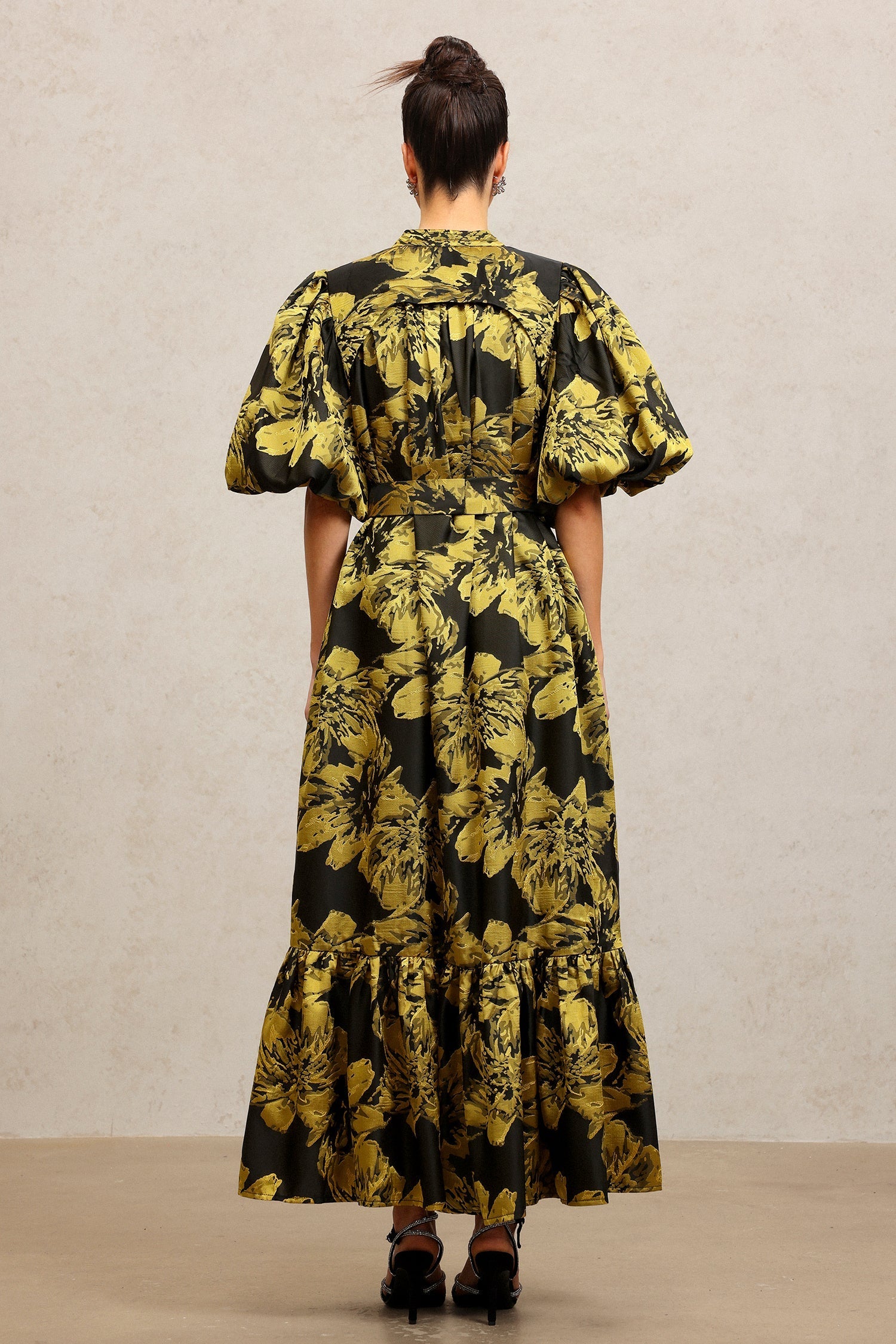 Leslie Black Floral Maxi Dress Puff Sleeves Cinched Waist Buttoned Front Tiered Skirt Tie Belt Elegant Bold Special Occasion Glamour