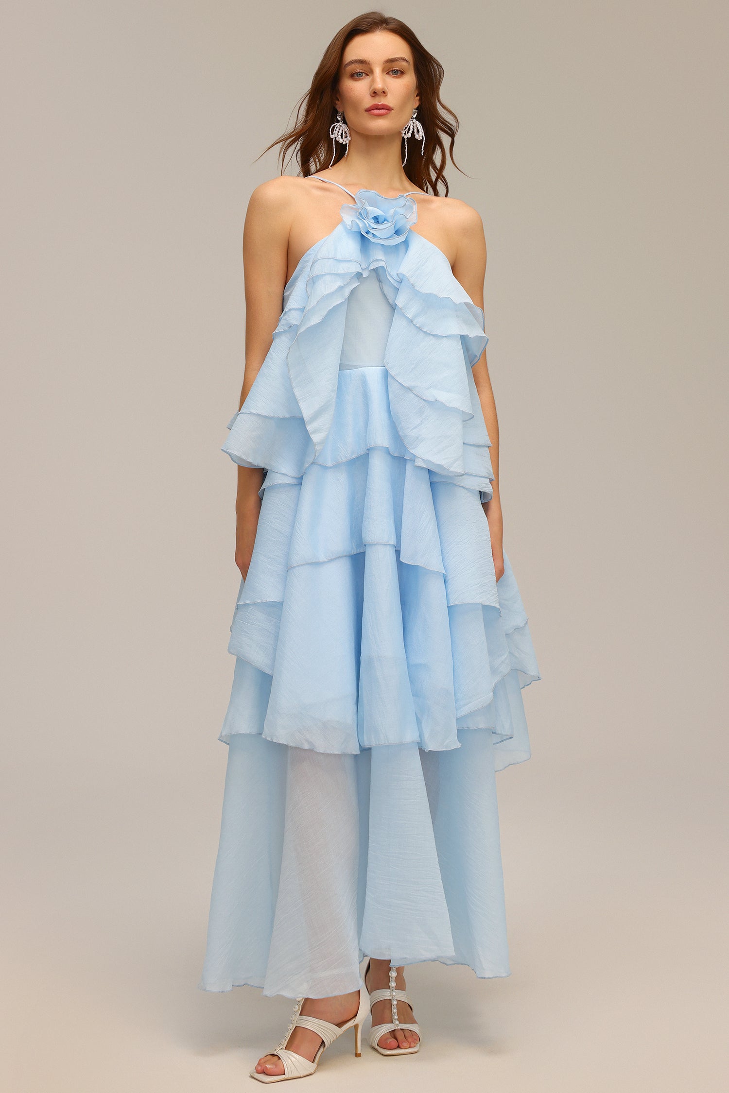 Leslie Blue Ruffled Maxi Dress with Flower Detailing and Layered Structure