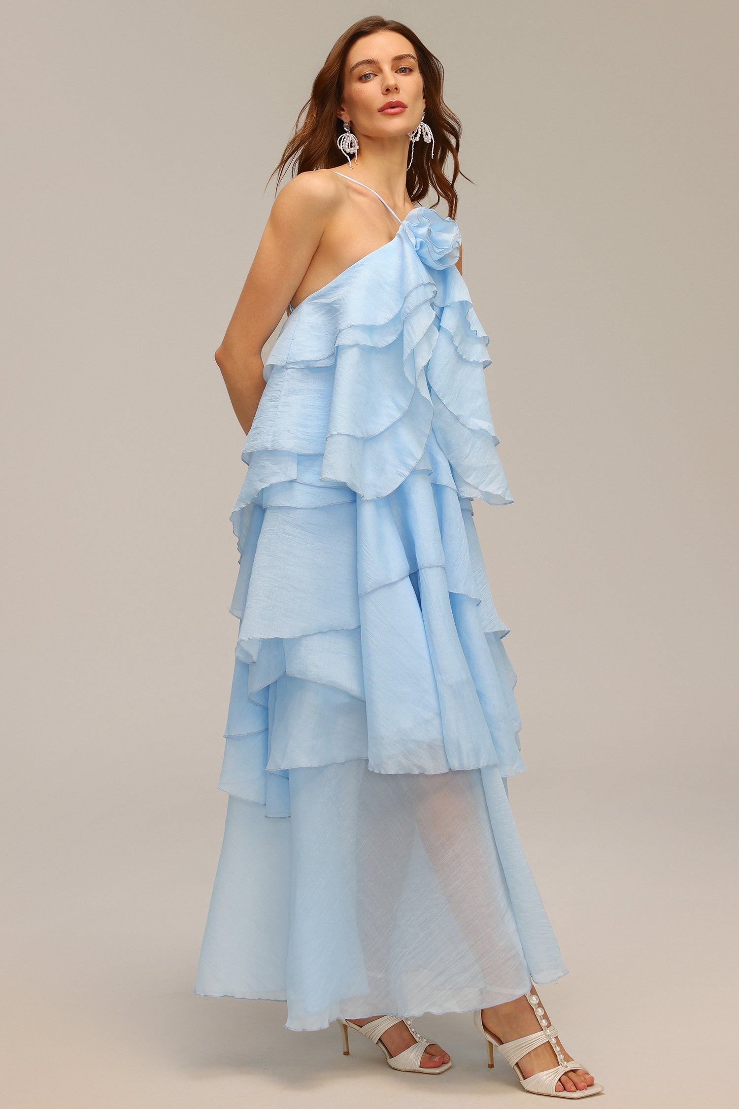 Leslie Blue Ruffled Maxi Dress with Flower Detailing and Layered Structure for Various Occasions