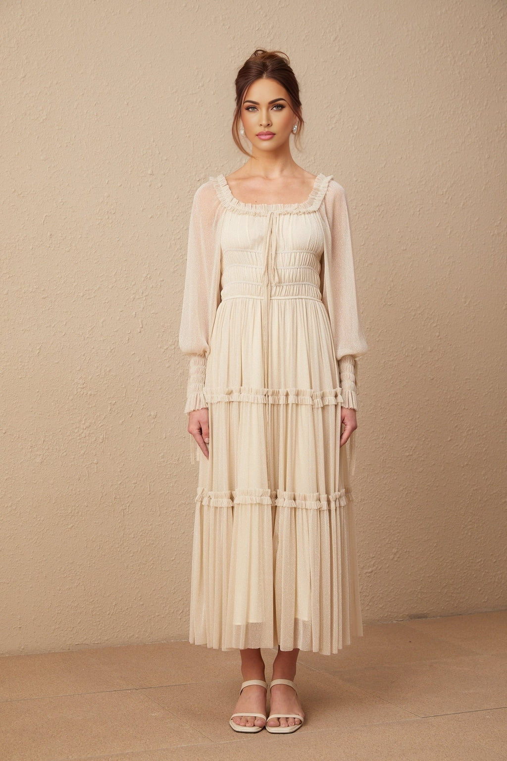 Leslie Metallic Threading Midi Dress in Neutrals