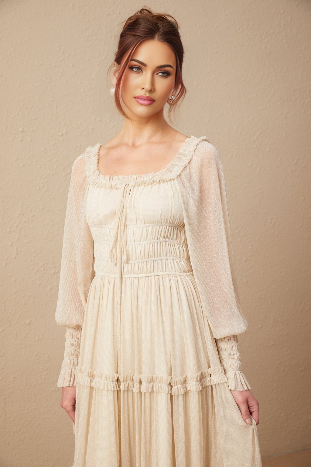 Leslie Metallic Threading Midi Dress in Neutrals