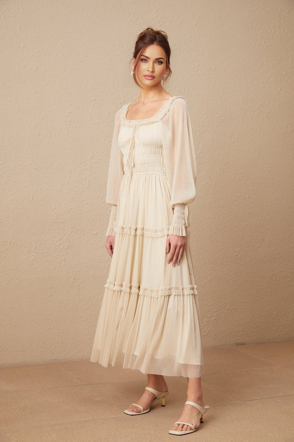 Leslie Metallic Threading Midi Dress in Neutrals