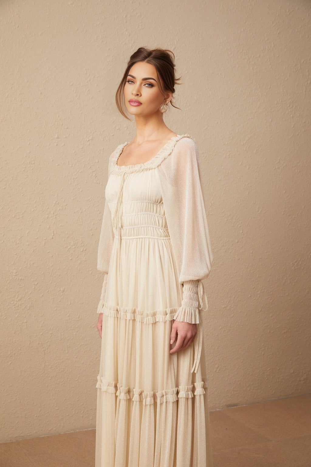 Leslie Metallic Threading Midi Dress in Neutrals