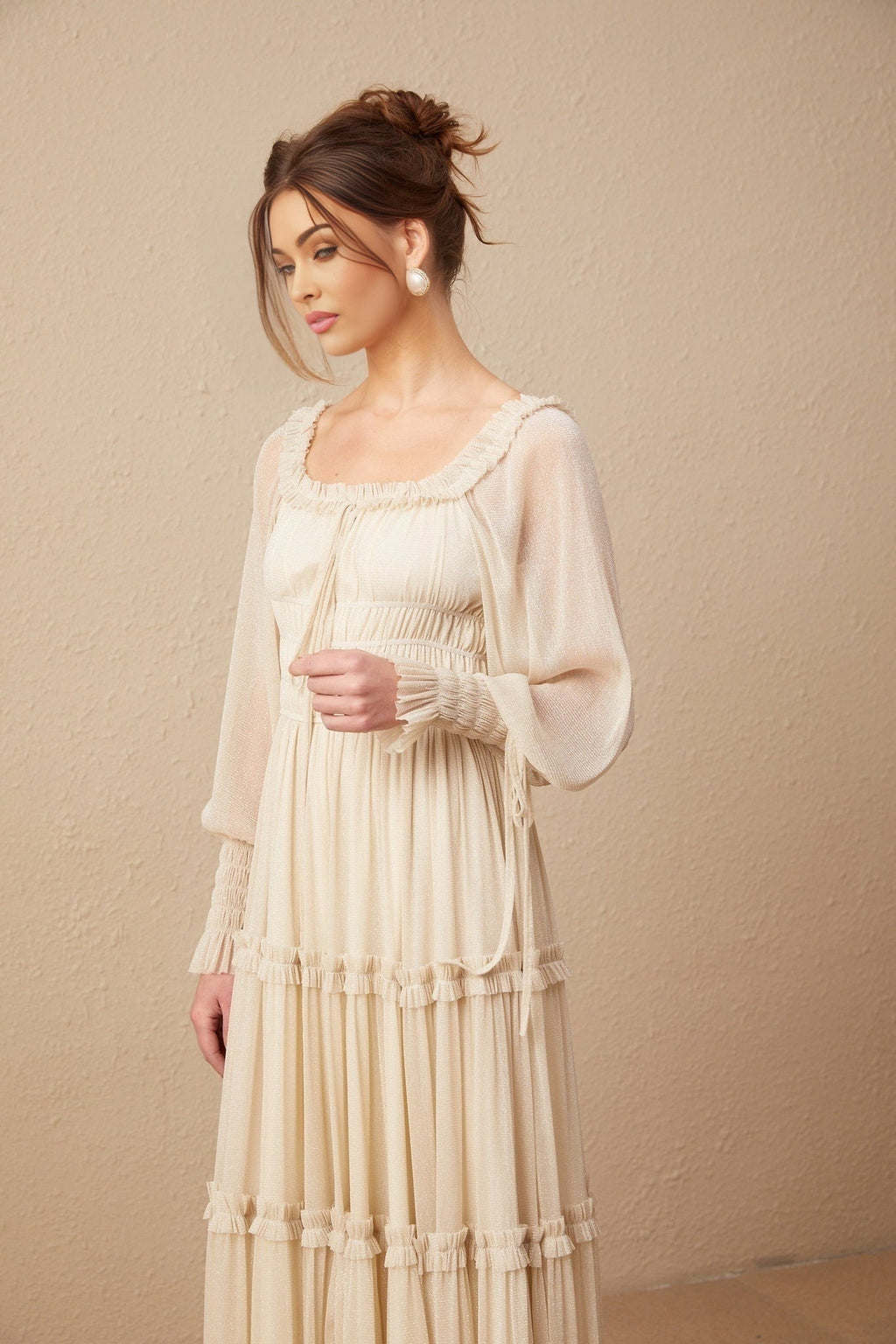Leslie Metallic Threading Midi Dress in Neutrals