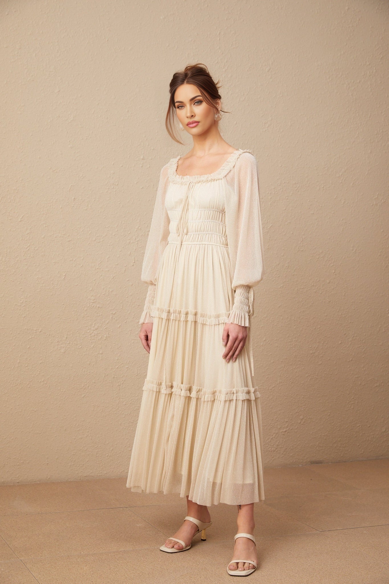 Leslie Metallic Threading Midi Dress in Neutrals
