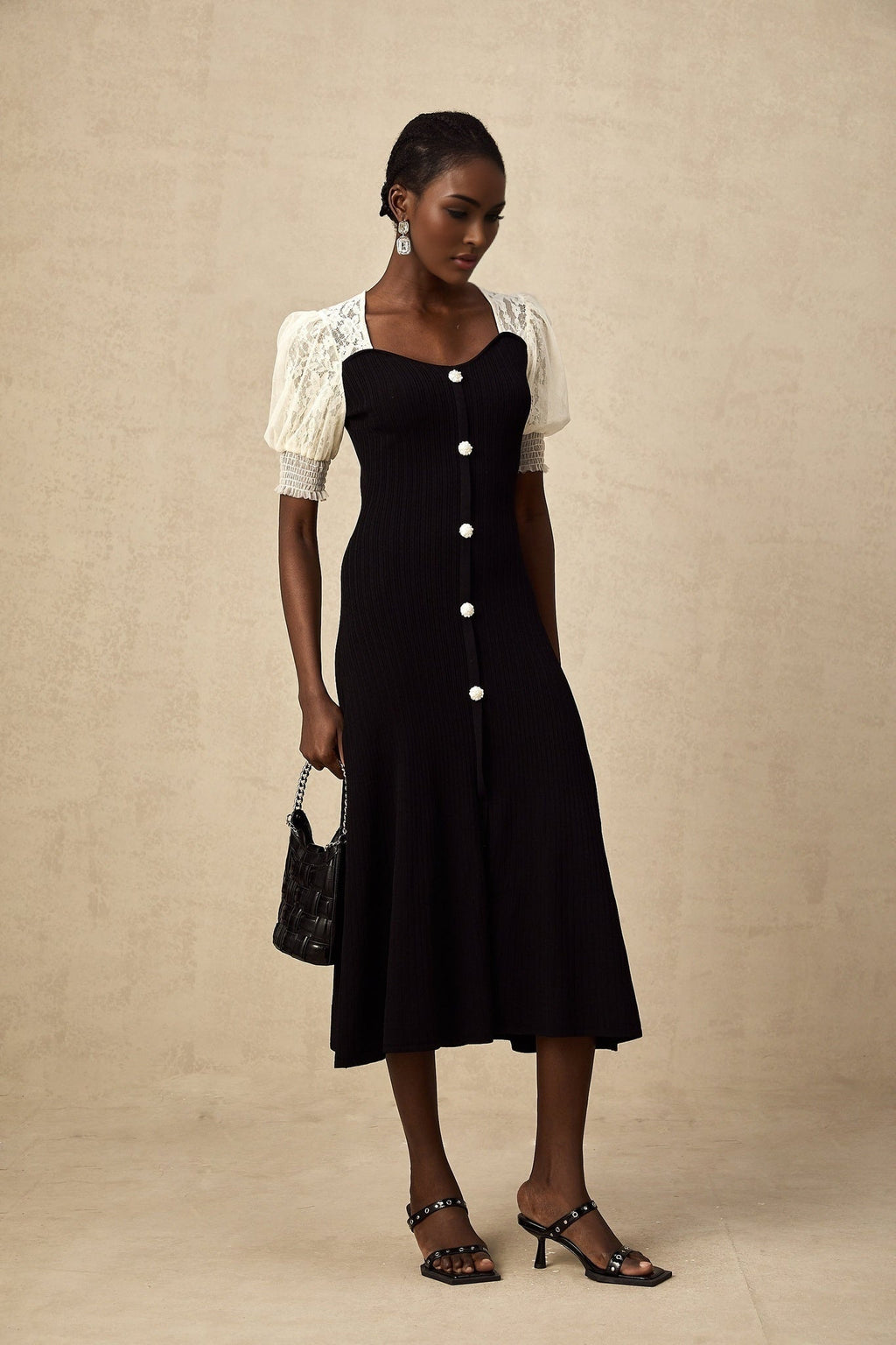 Leslie Midi Dress Sweetheart Neck Lace Panelled Puff Sleeves