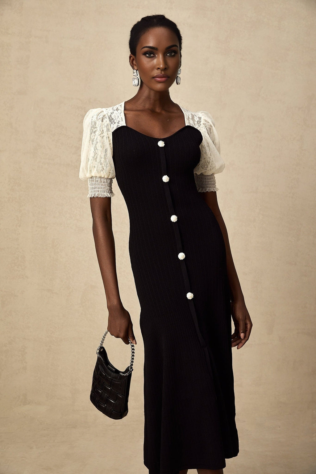 Leslie Midi Dress Sweetheart Neck Lace Panelled Puff Sleeves
